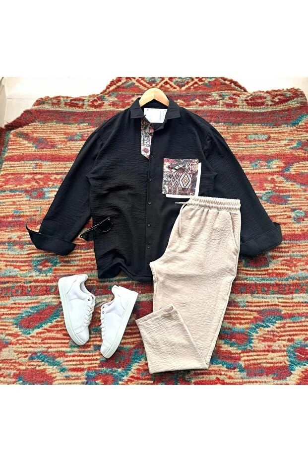 Oversize Cebi Nakışlı Keten Gömlek ve Pantolon Takım